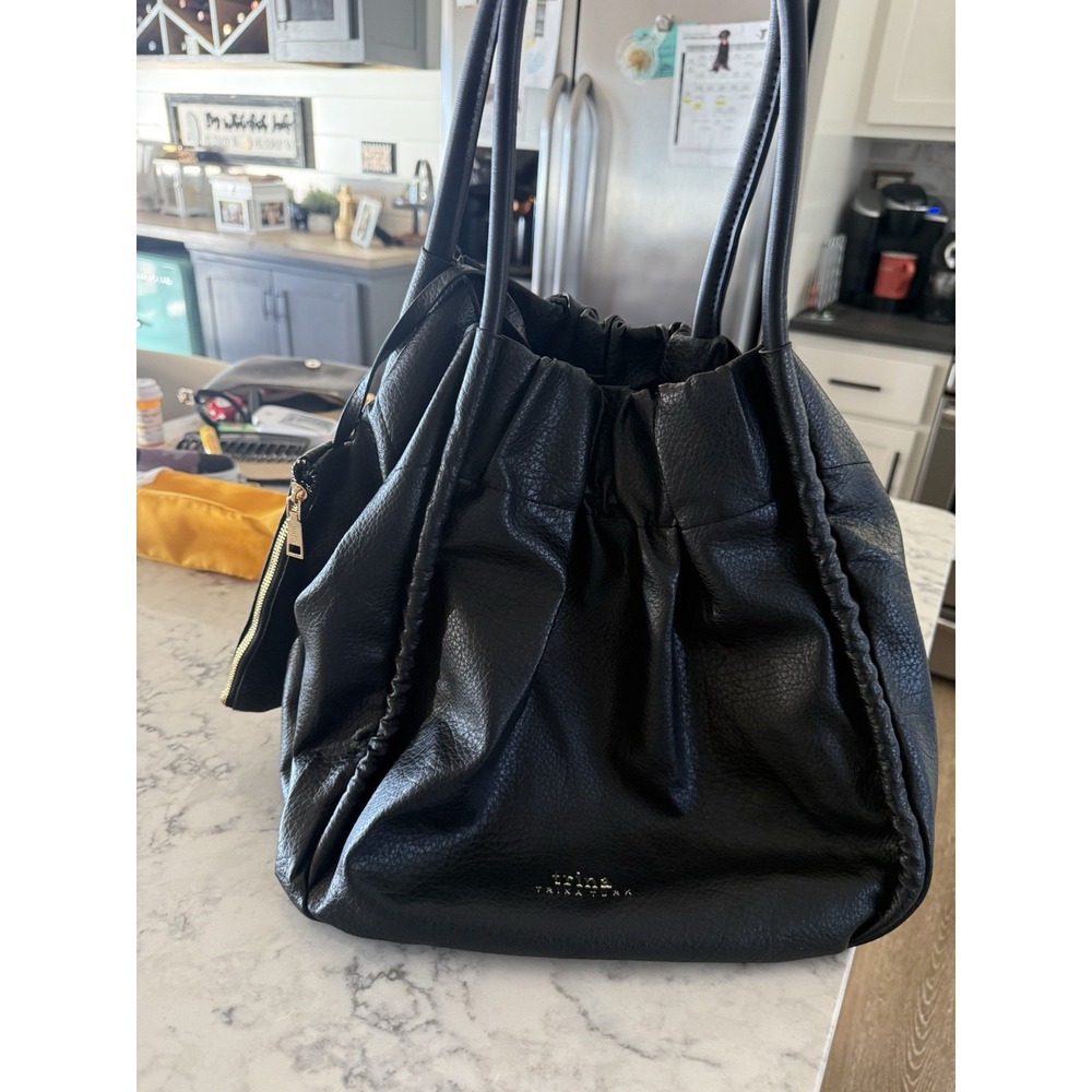 Trina‎ Turk Medium Gathered Tote Black Double Handle & Shoulder Strap Zip Pouch - Picture 5 of 5